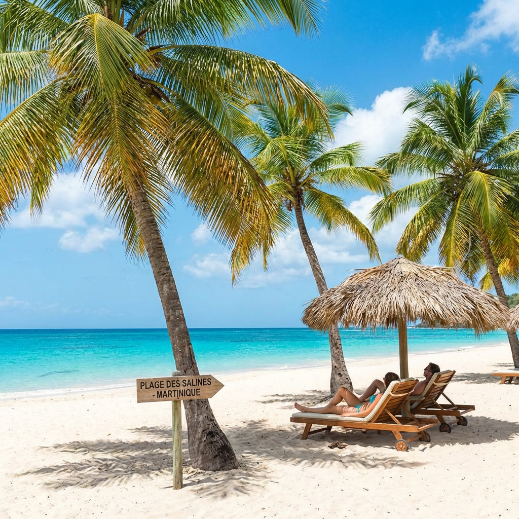 Tropical beach with palm trees, turquoise water, and a sign for Plage des Salines, Martinique.