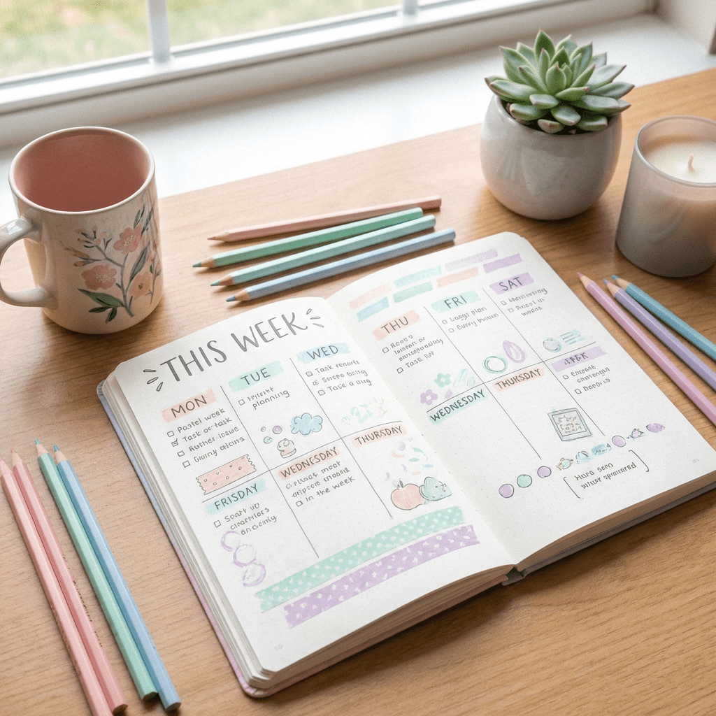 An open bullet journal with a hand-drawn pastel weekly schedule layout on a wooden desk.