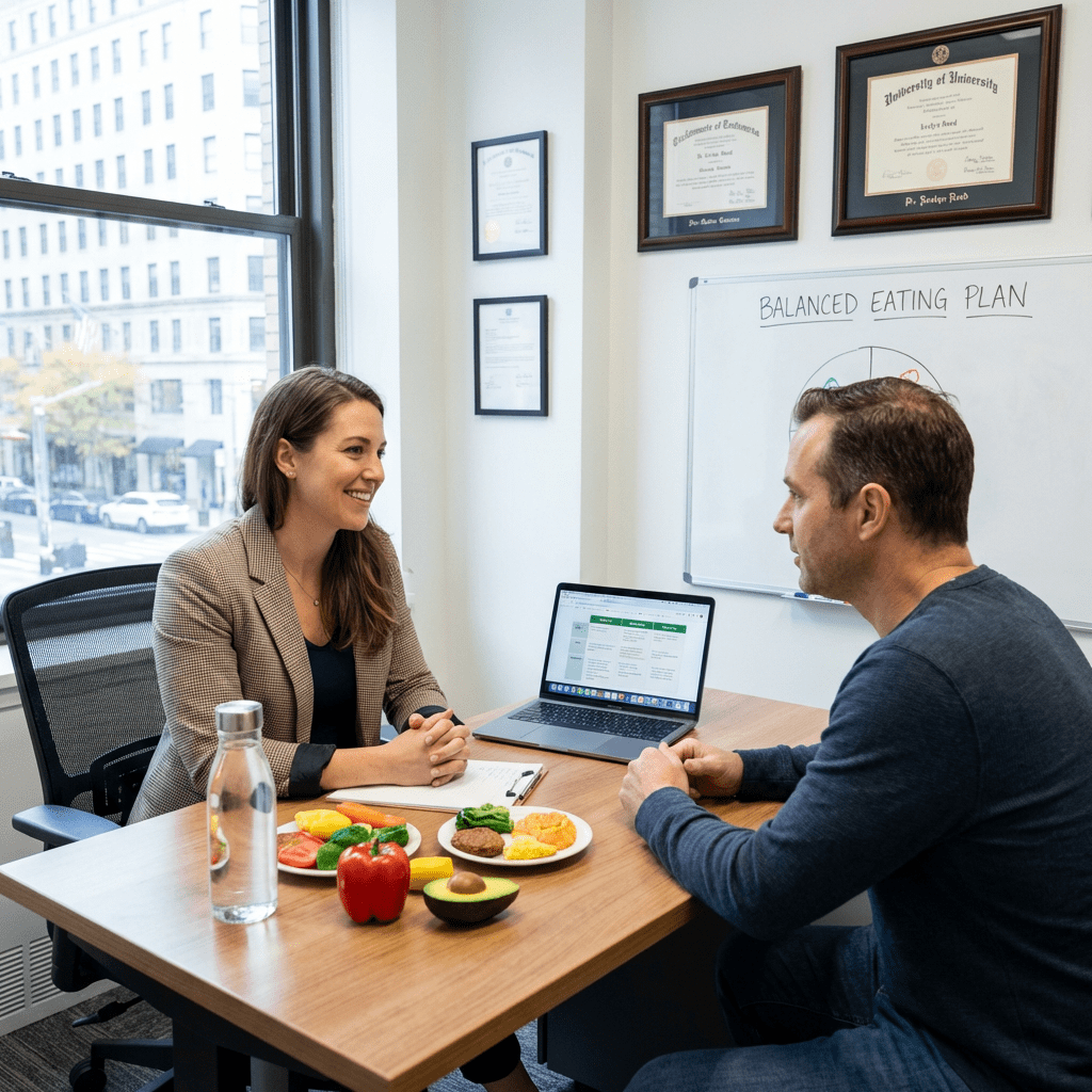 Nutritionist consulting with a client about healthy food choices in a professional office setting.