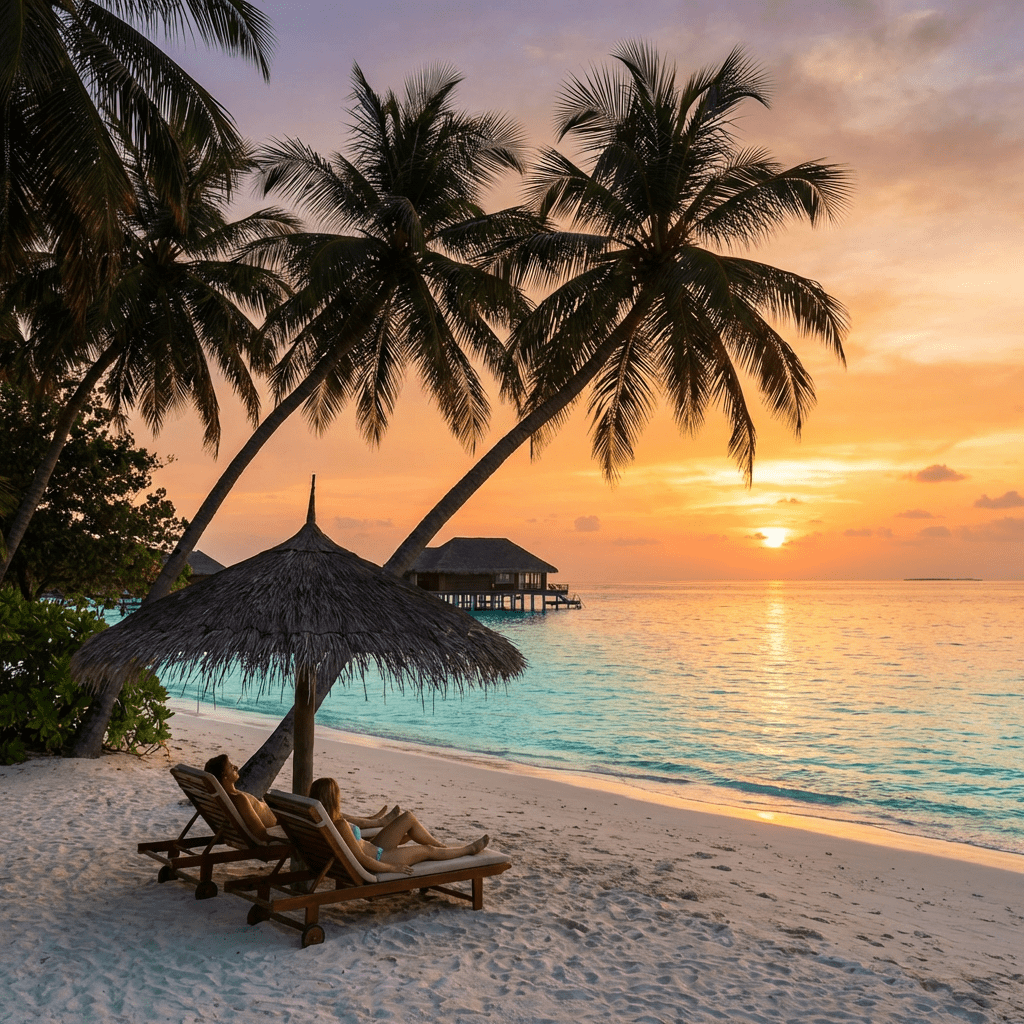 A couple relaxes on beach chairs under palm trees watching a tropical sunset.