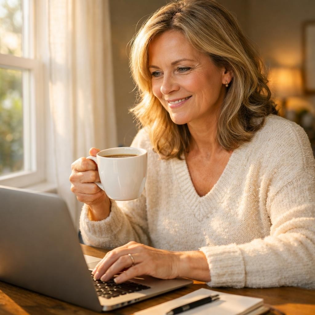 Woman holding a mug of coffee and typing on a laptop indoors