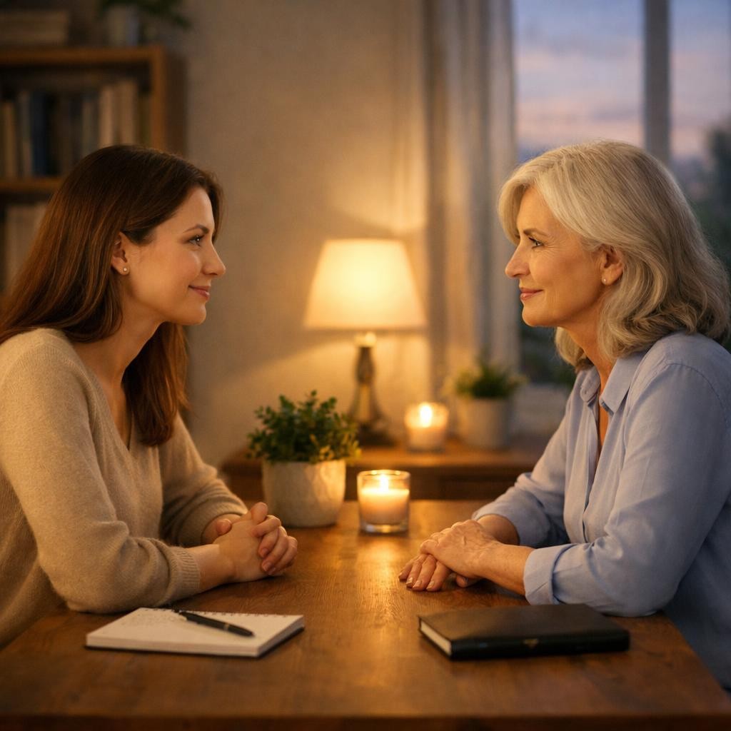 Two women sitting at a table facing each other, smiling and talking warmly.