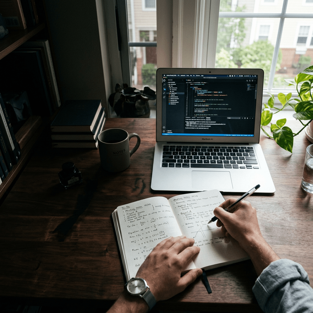 Person writing notes in a notebook while coding on a laptop at a wooden desk