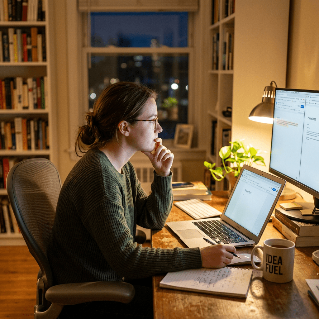 Woman working late at home desk with laptop, monitor, notebook, and coffee mug