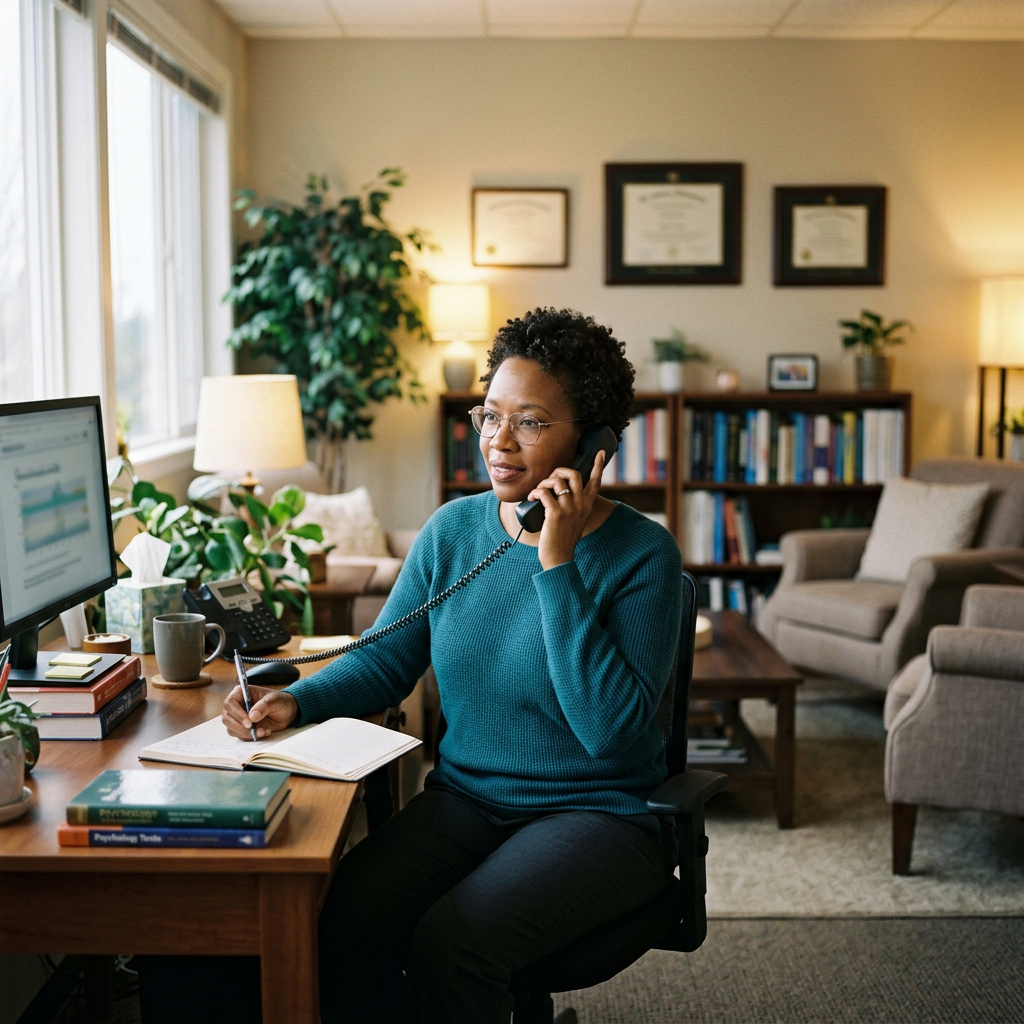 Psychologist on phone with patient in office