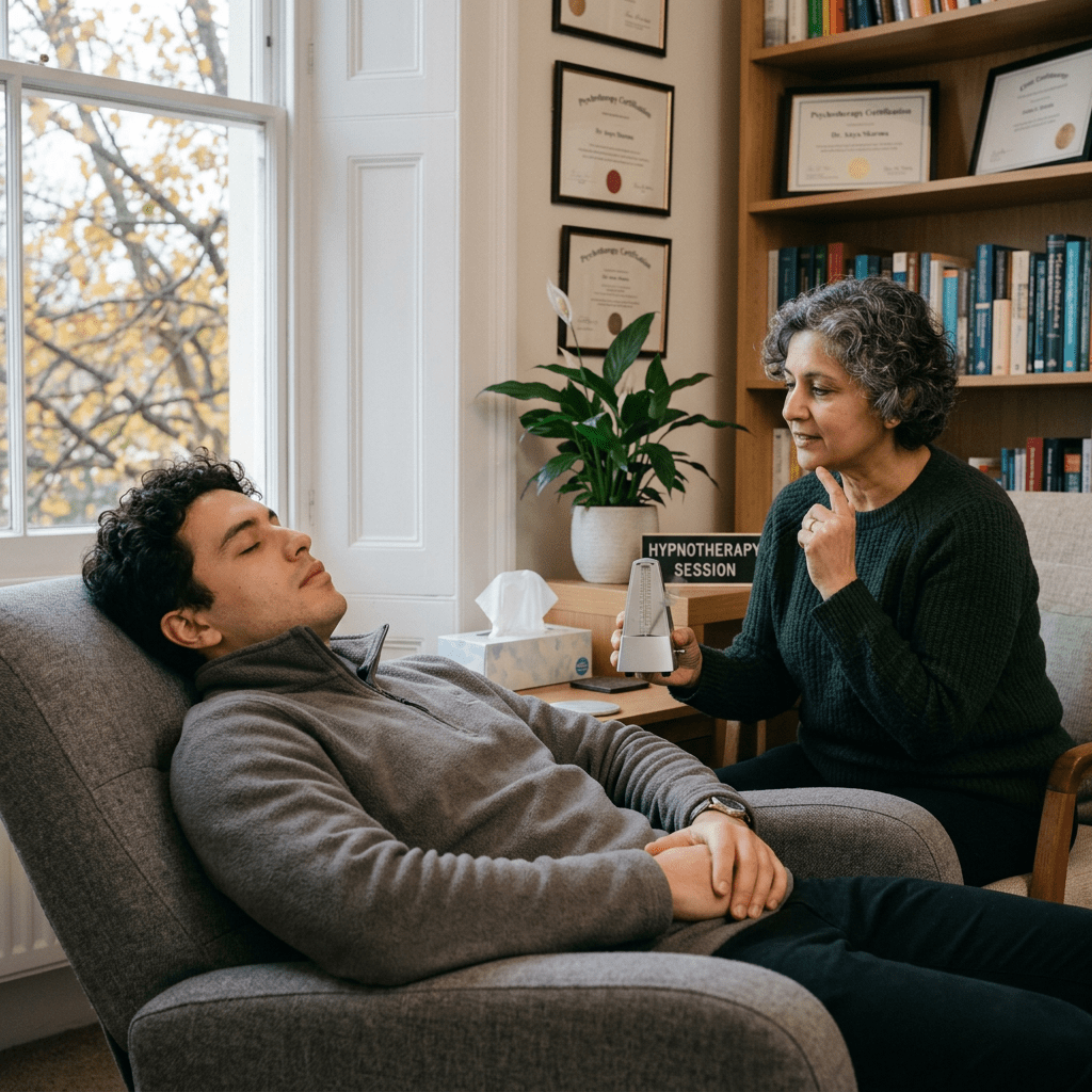 Man reclining in chair with eyes closed while therapist uses a metronome for hypnotherapy