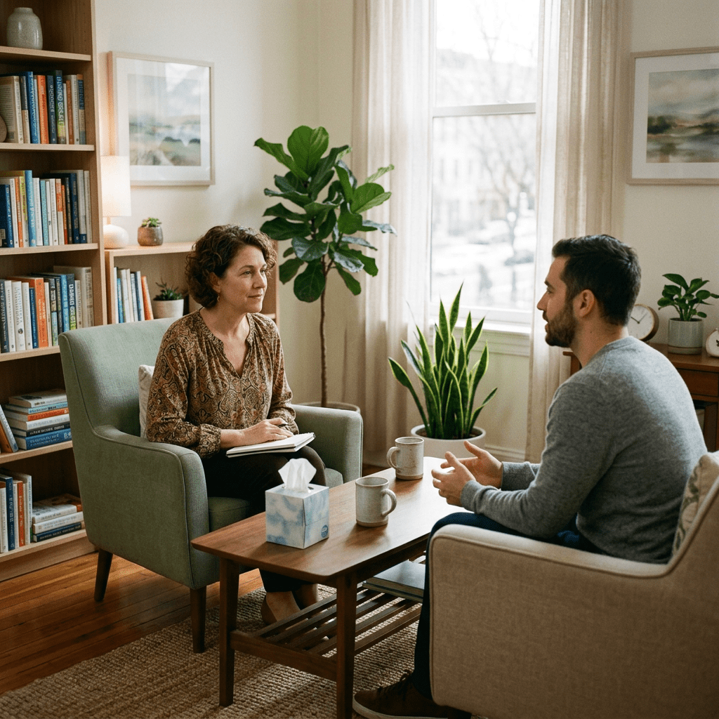 Therapist and client engaged in a counseling conversation in a comfortable office