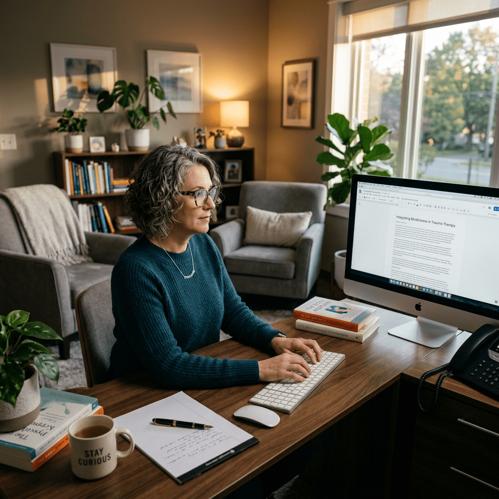 Therapist typing on keyboard at desk with computer and books about therapy