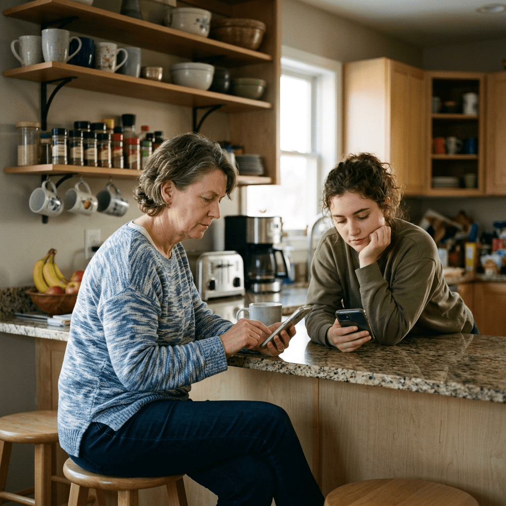 Older woman and younger woman using smartphones while sitting in a kitchen