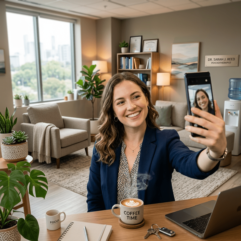 Woman therapist taking selfie with coffee on desk
