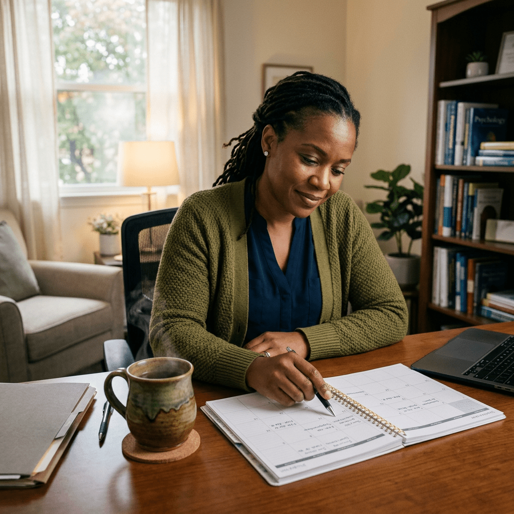Therapist reviewing calendar at desk with tea