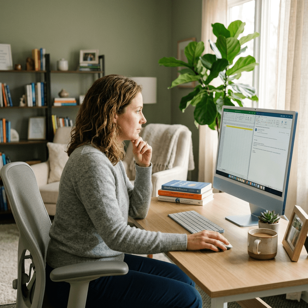 Woman at computer in therapist office