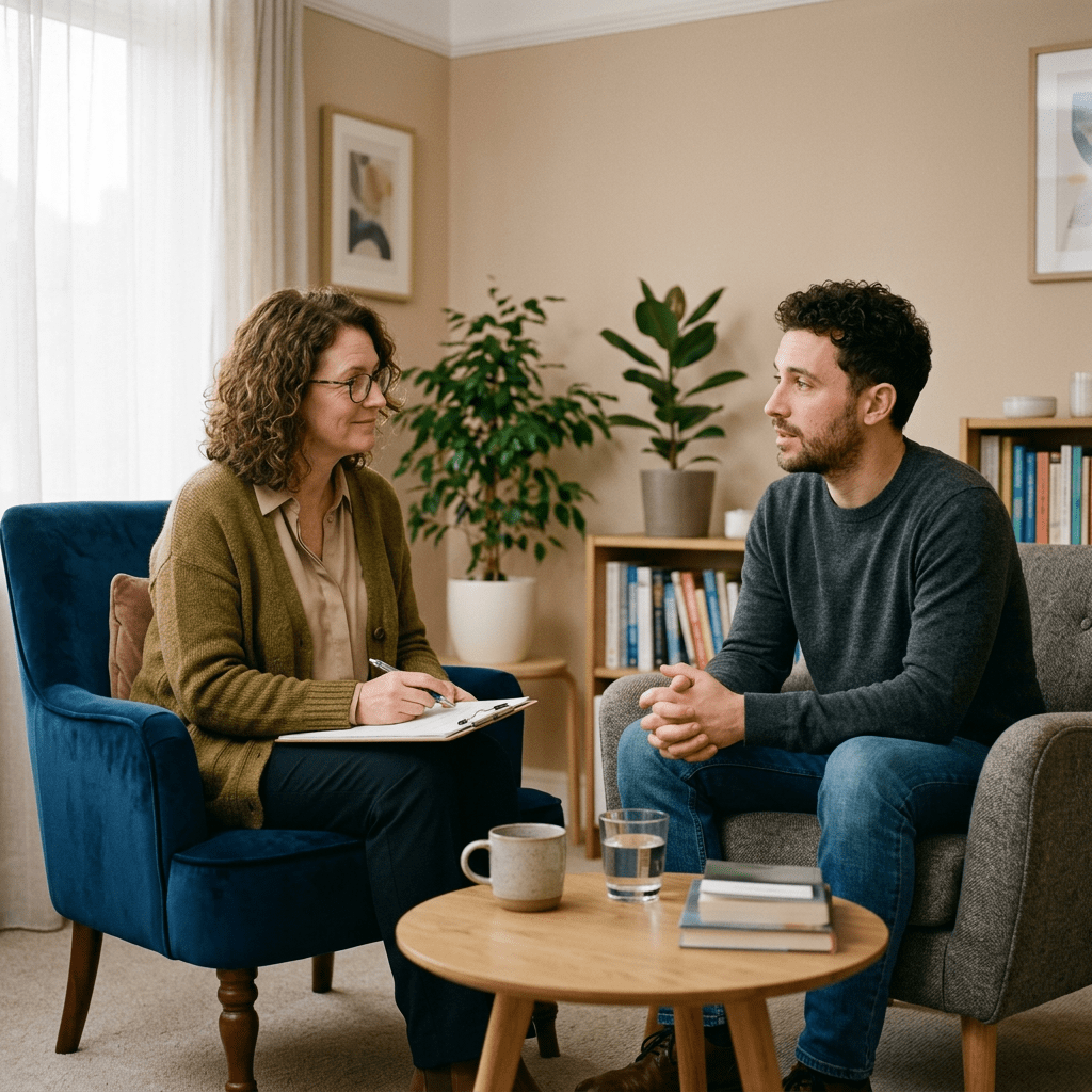 Psychotherapist consulting client in comfortable armchairs