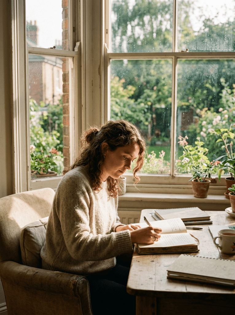 Woman writing in a journal at a wooden table by a window with plants outside