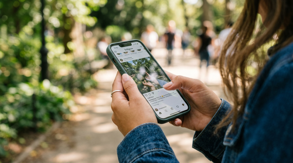 Smartphone displaying an Instagram post held by a person in a park