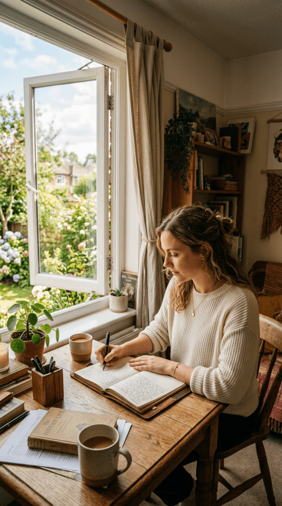 Woman writing in a journal at a wooden table near an open window with garden view
