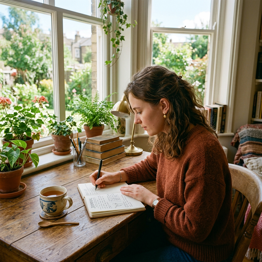 Woman writing in a journal at a wooden desk by a window with plants and a cup of tea