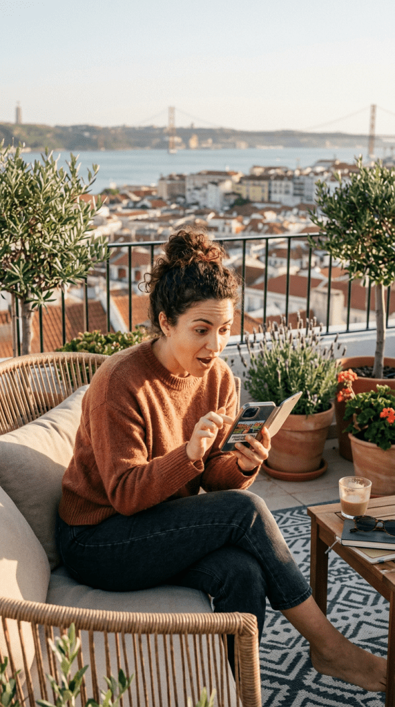 Woman sitting on terrace couch looking at smartphone with a surprised expression