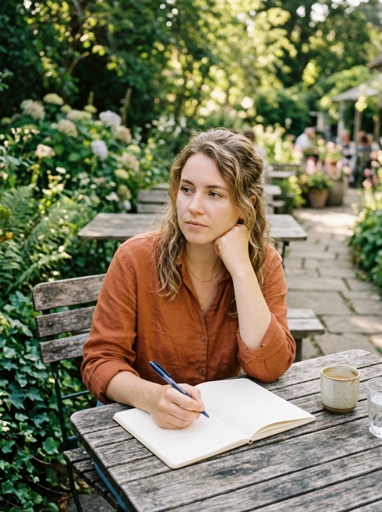 Woman writing in notebook at wooden table in garden café