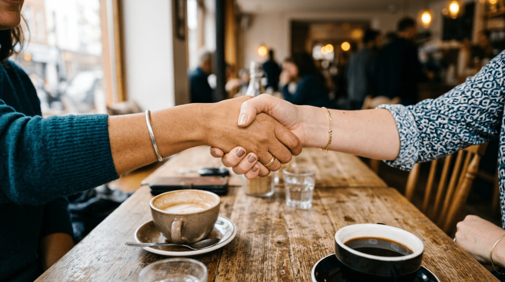 Two people shaking hands across a wooden table with coffee cups