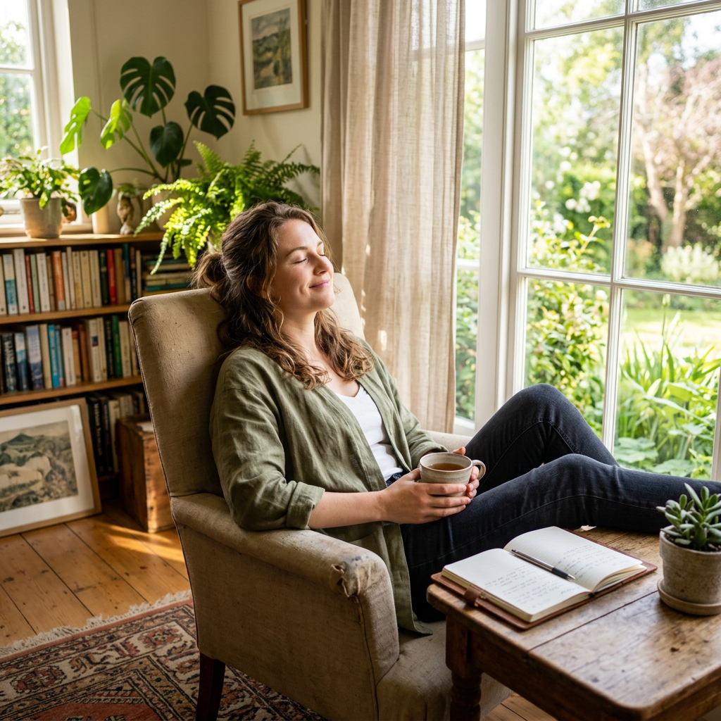 Woman sitting relaxed in armchair by window holding a cup of tea with open journal on table
