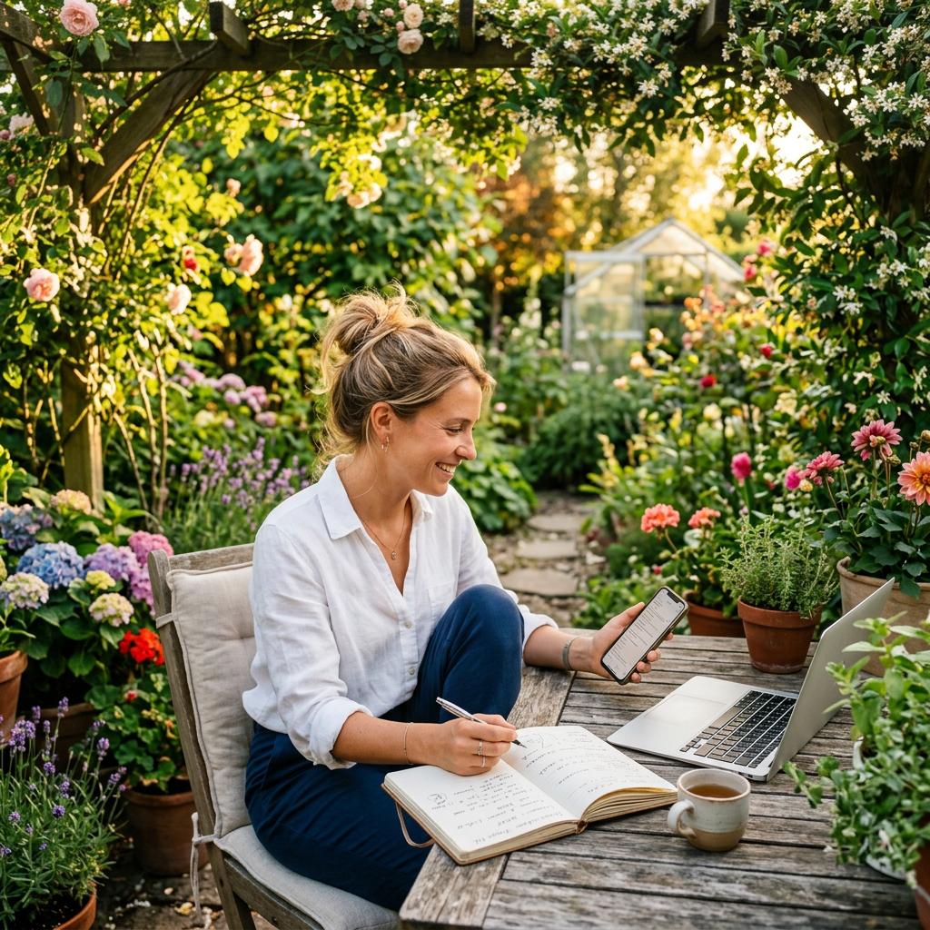 Woman sitting at a wooden table in a garden with a notebook, smartphone, laptop, and coffee cup.
