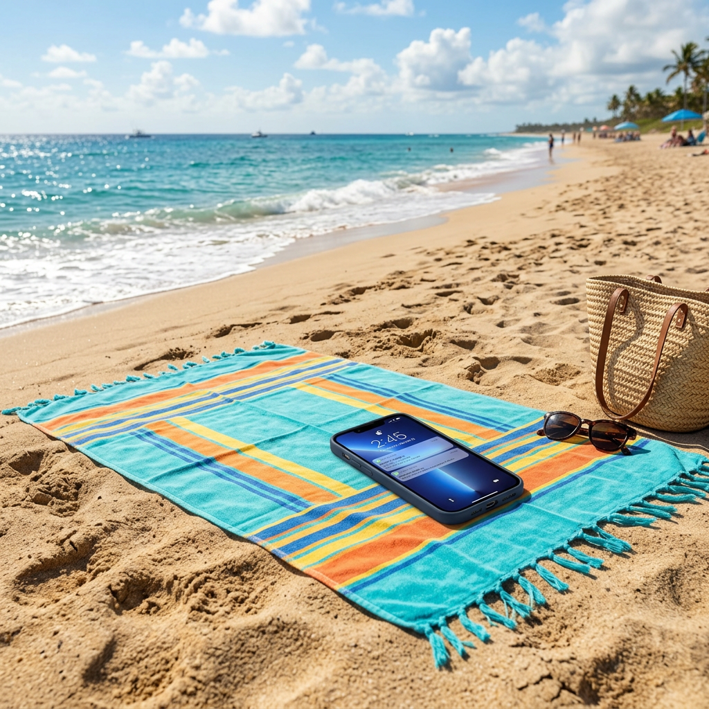 Colorful beach towel on sand with smartphone showing notifications, sunglasses, and straw bag