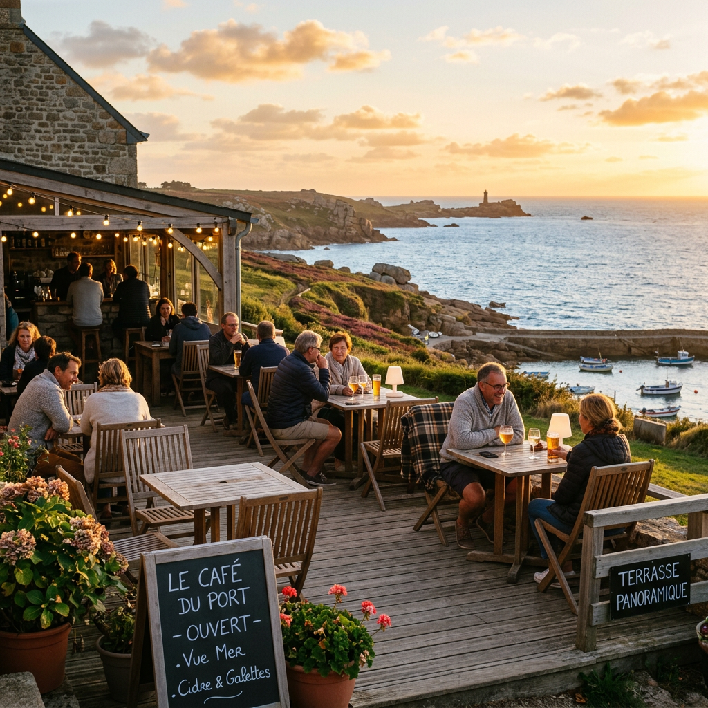 Outdoor café terrace with people drinking and talking by the sea at sunset